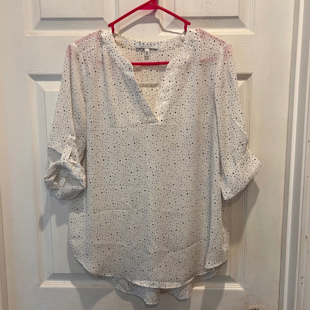 CHAUS New York Womens White Black Speckle Dot V Neck Roll Tab Sleeve Blouse Sz M